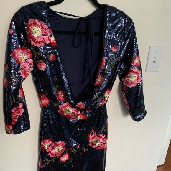 TFNC Sequin Dress W/ Floral Embroidery & Cowl Back - Picture 5 of 7
